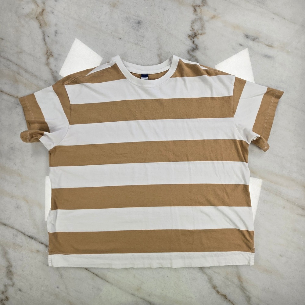Old Navy T-Shirt Womens Large Tan Striped Short Sleeve Casual Preppy Nautical